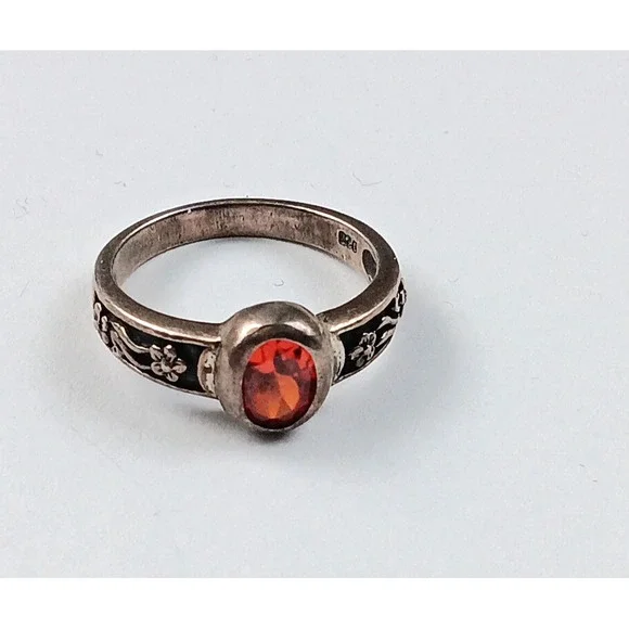 VTG Silver Ring Orange Stone 925 Hippy Boho Ring Sz 7.75 Floral Detail - Picture 1 of 7